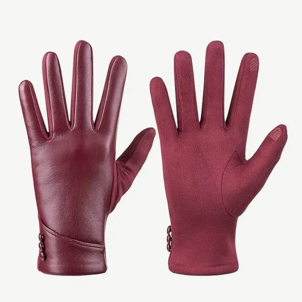 Genuine Leather Burgundy Red Woman’s Gloves Touchscreen and Cashmere Lining